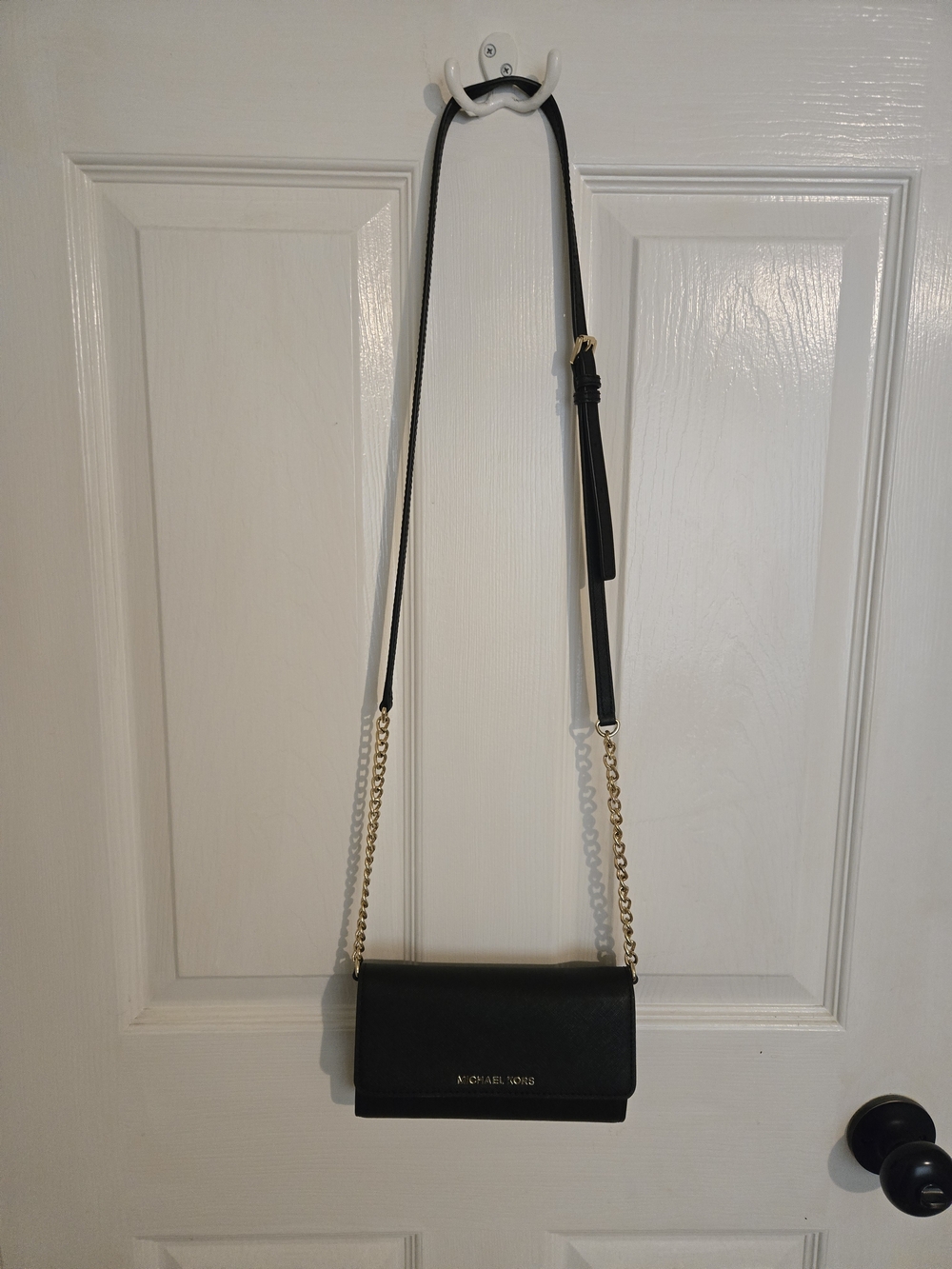 Michael Kors Black Leather Crossbody with Gold Chain
